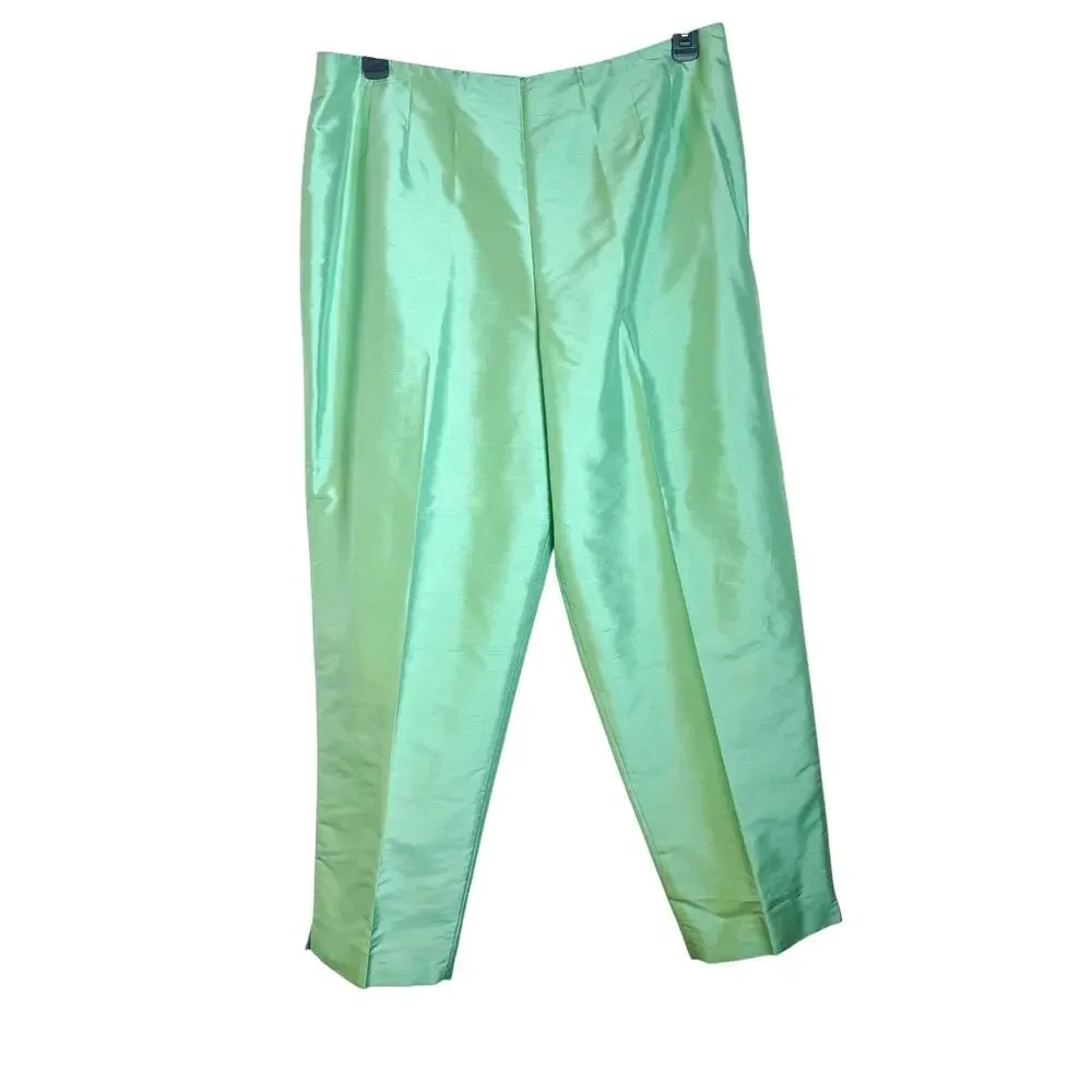 Vintage 90s Talbots Pure Silk Women 16/18 Sage Green Shantung Silk 2 pc Pant Set - Picture 4 of 14